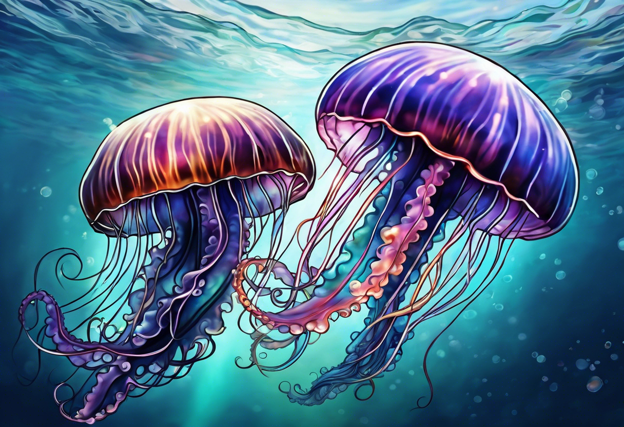 two jellyfish swimming together, with one larger than the other, with space in between them both with long tentacles of varying lengths and design tattoo idea