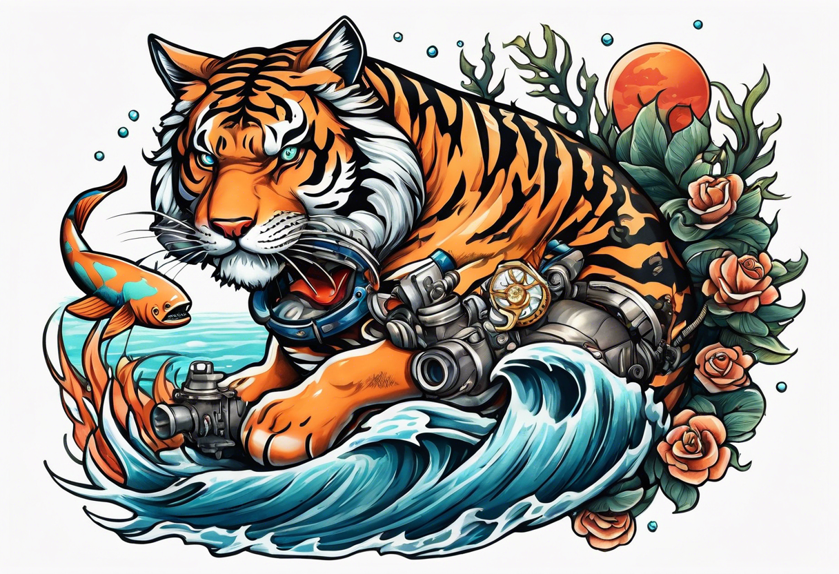 Deep sea diver with tiger shark and pin up girl tattoo idea