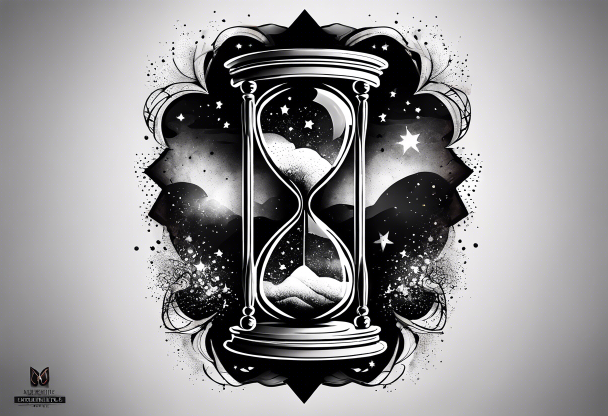 Hourglass with star stuff and cosmic dust exploding from the top and bottom of the hourglass. Long tattoo to fit on the forearm, mascuine tattoo idea