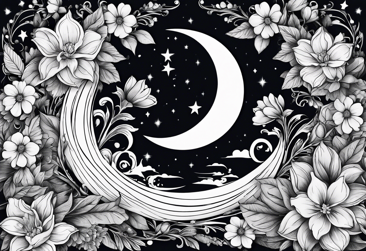 Crescent moon shrouded in pretty flowers tattoo idea