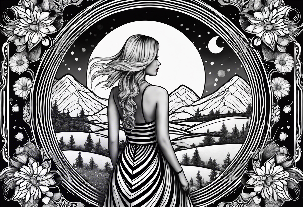 Straight blonde hair girl facing away toward mountains surrounded by mushrooms crescent moon mandala circular design black and white striped dress number 8 tattoo idea