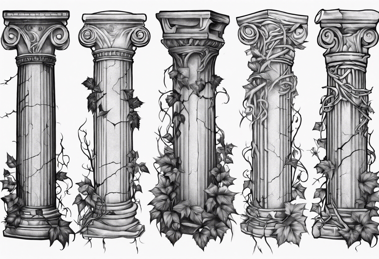 Half of a roman pillar with the word "OMNIA" inscribed on the top. It has cracks in the middle and overgrown ivy at the bottom. tattoo idea