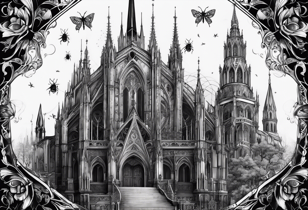 Gothic cathedral with beauty girl face with horror eyes and insects tattoo idea