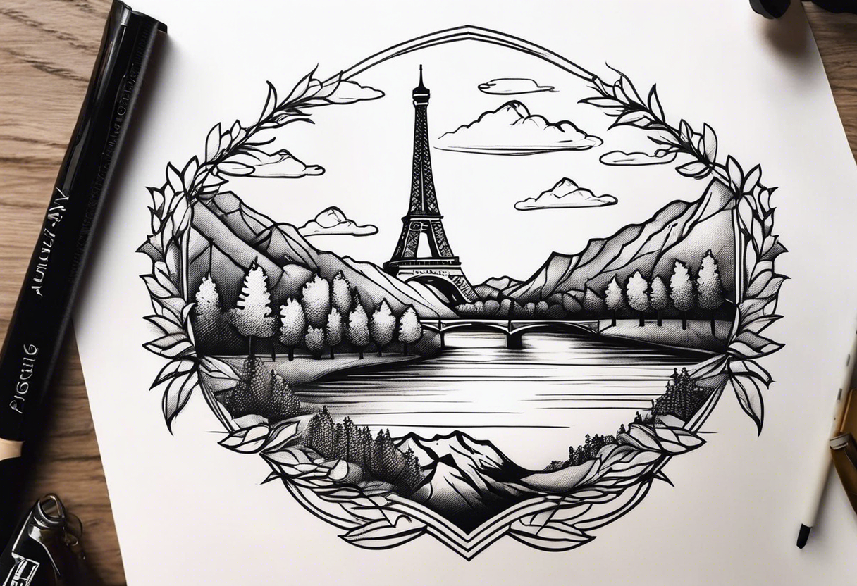 a river flowing beneath eagle's nest next to the eiffel tower next to a mountain chain tattoo idea