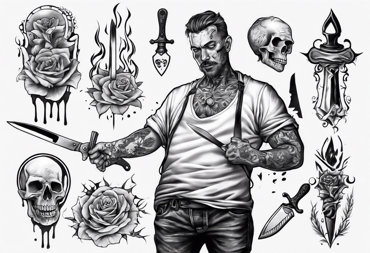 man stabbing himslef with knife in hearth tattoo idea