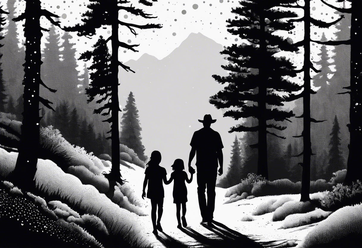 A shadow of a father and wife and young son and young daughter  walking through the Pacific Northwest Forrest.. Trust in God tattoo idea