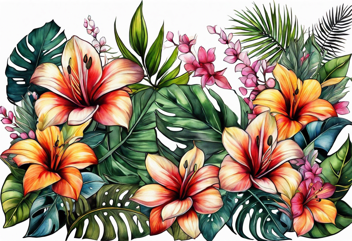 Tropical foliage and blooms tattoo idea