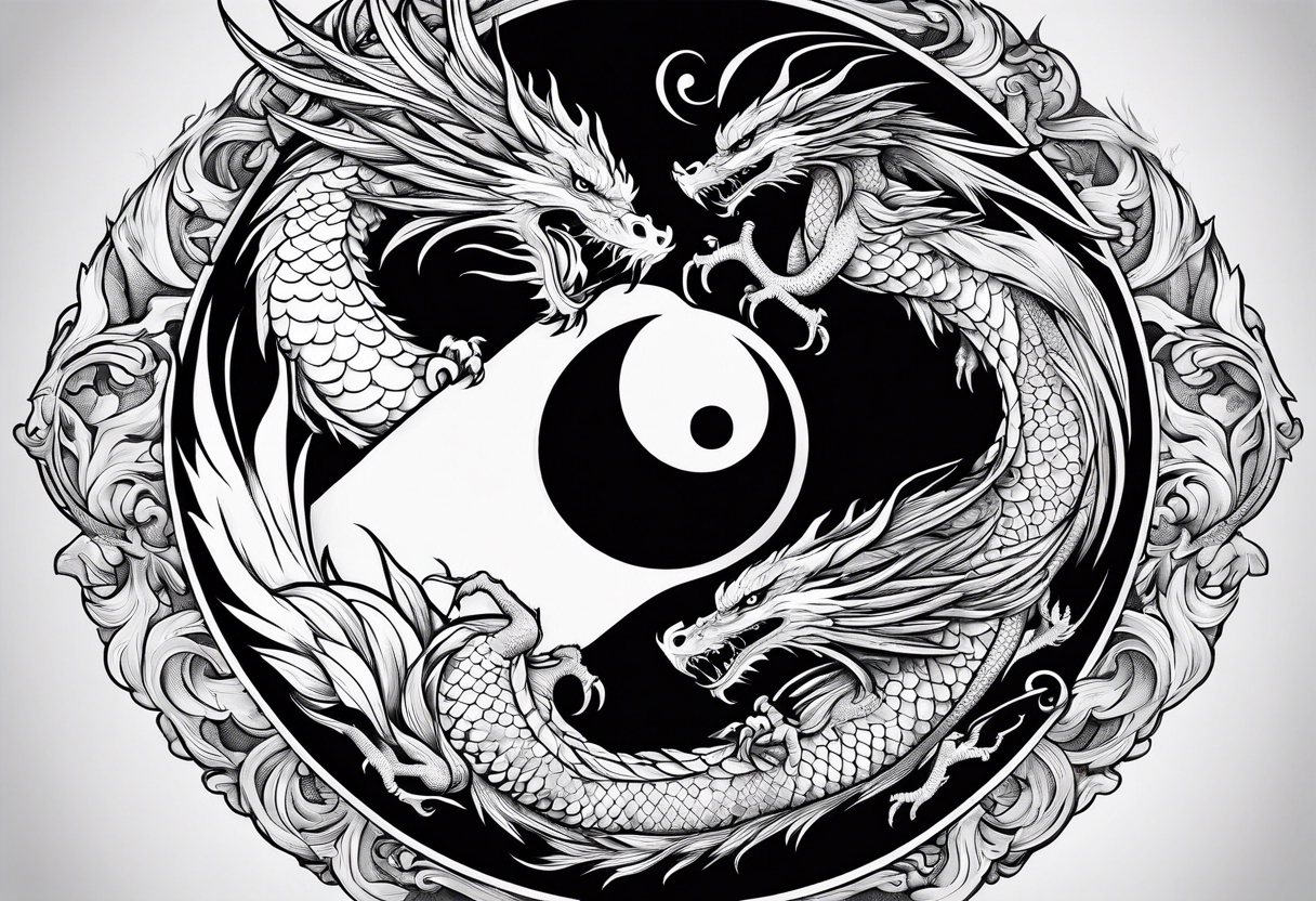 Dragon and phoenix fighting on a yin yang plate tattoo idea