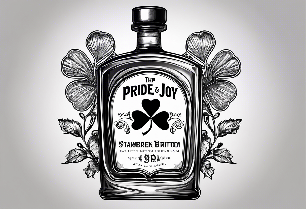 bottle of bourbon from a Distillery called Pride and Joy, the logo is a shamrock tattoo idea