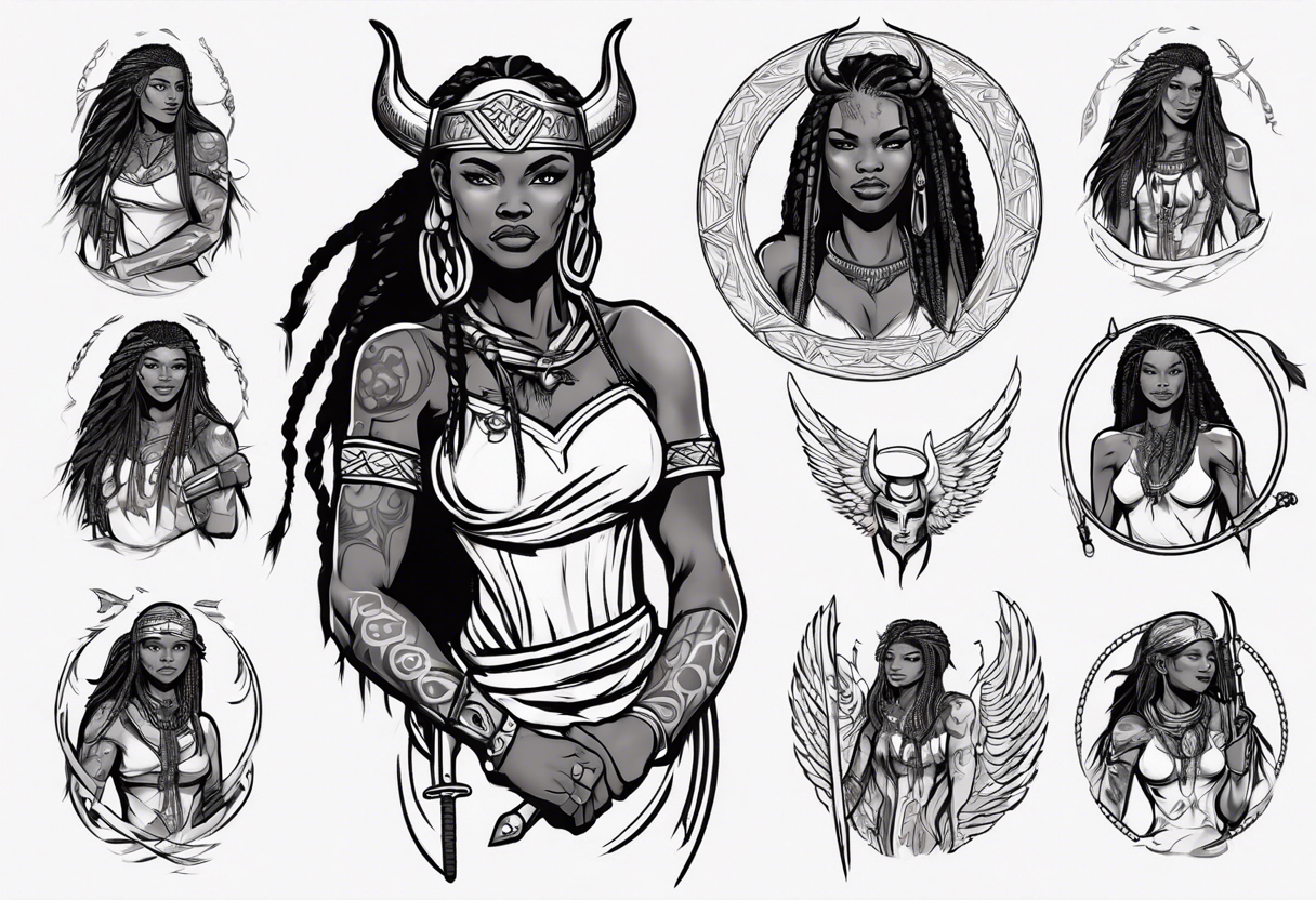 African female Viking valkyre angel smiling full body 
slim long face small mouth long braided hair holding sword tattoo idea