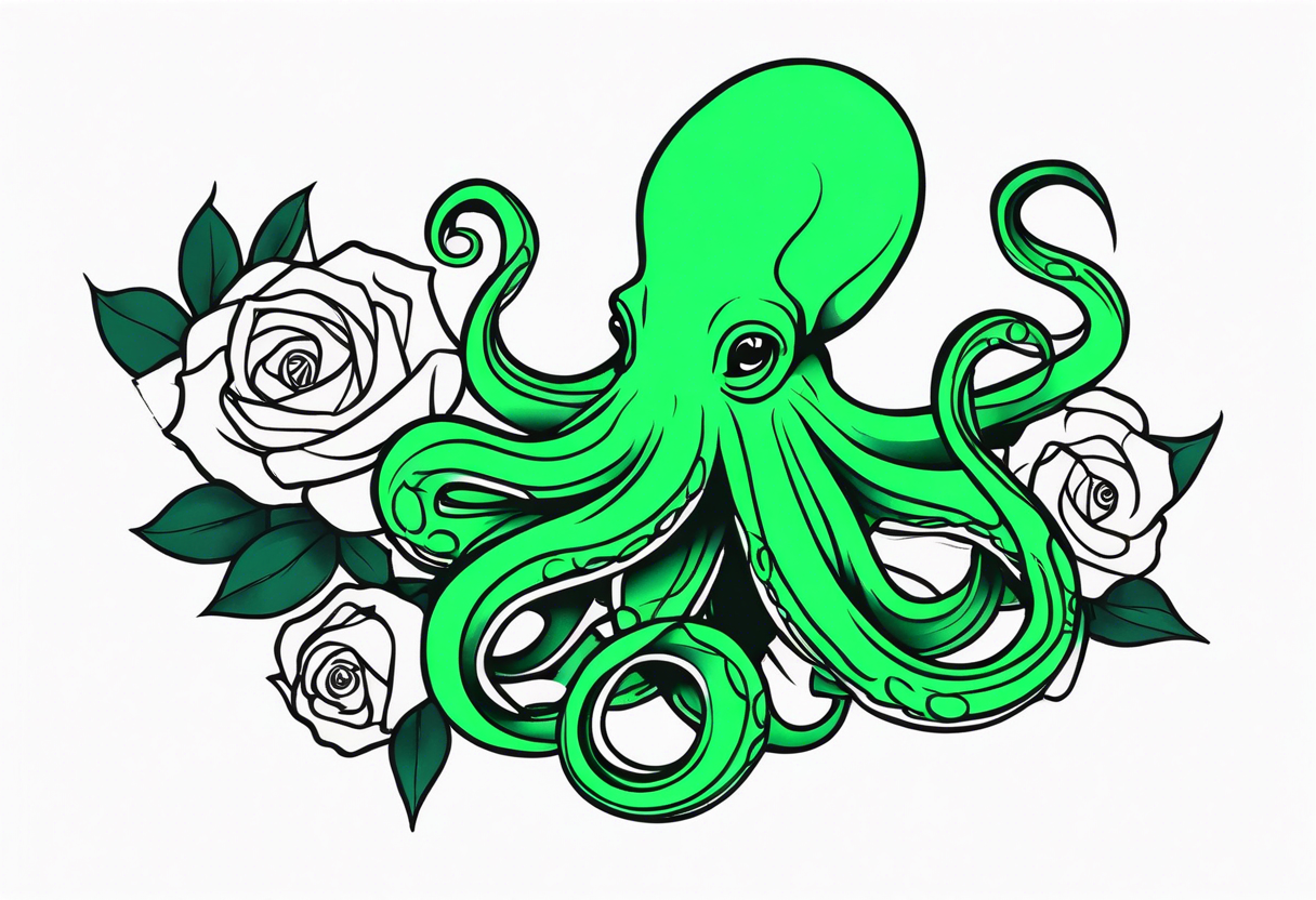 Electric octopus peaceful green roses tattoo idea