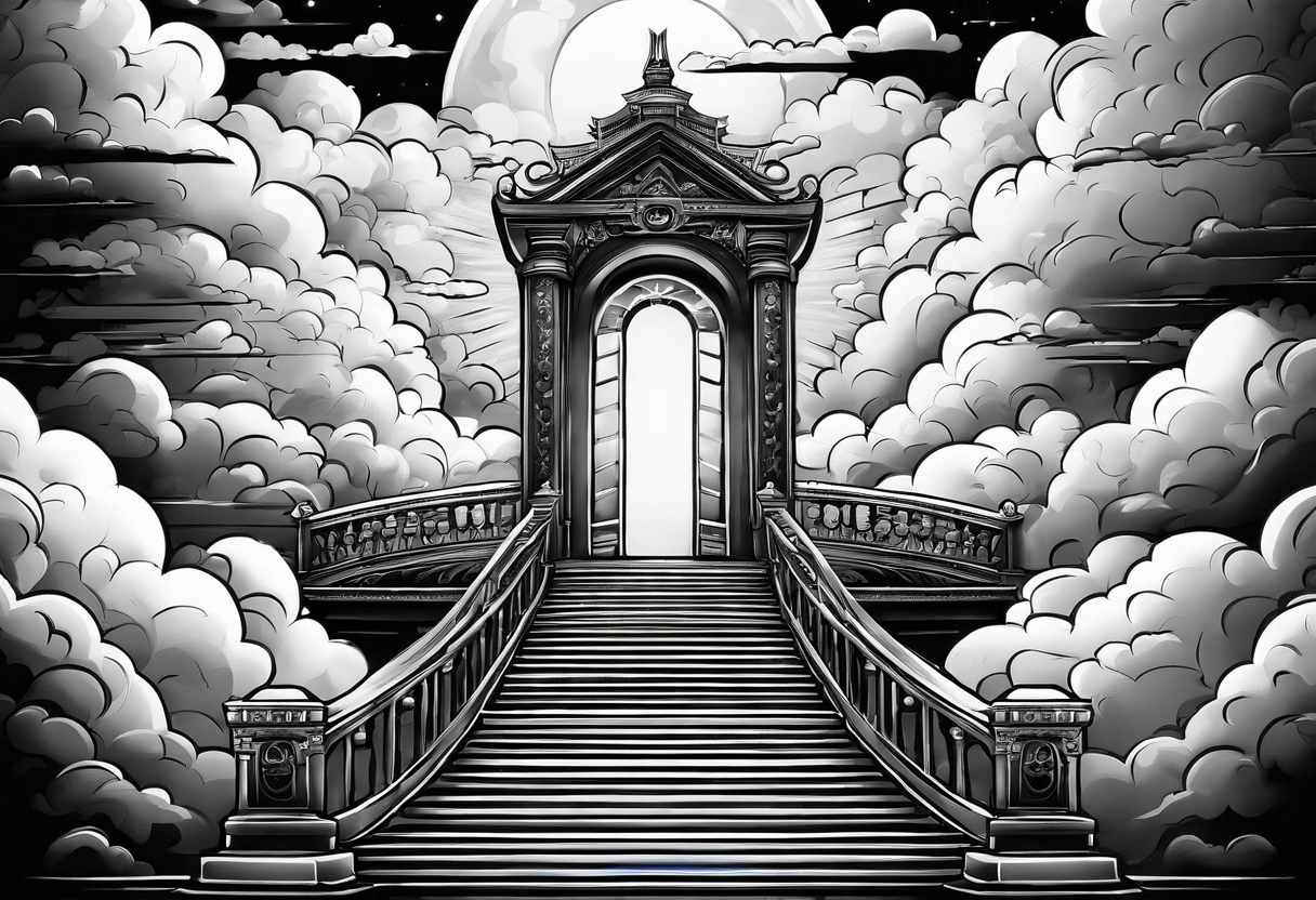 Staircase that leads through the clouds to heaven and ends at the gates of heaven. At the end there is a bright light tattoo idea