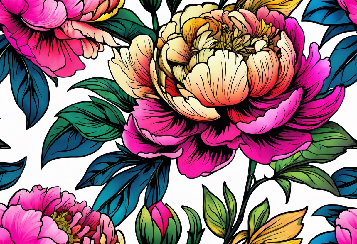 beautiful. colorful, neon, multicolored peony, white background, highly detailed, new school, new school style, street style, streetwear, urban wear, partially bloomed tattoo idea