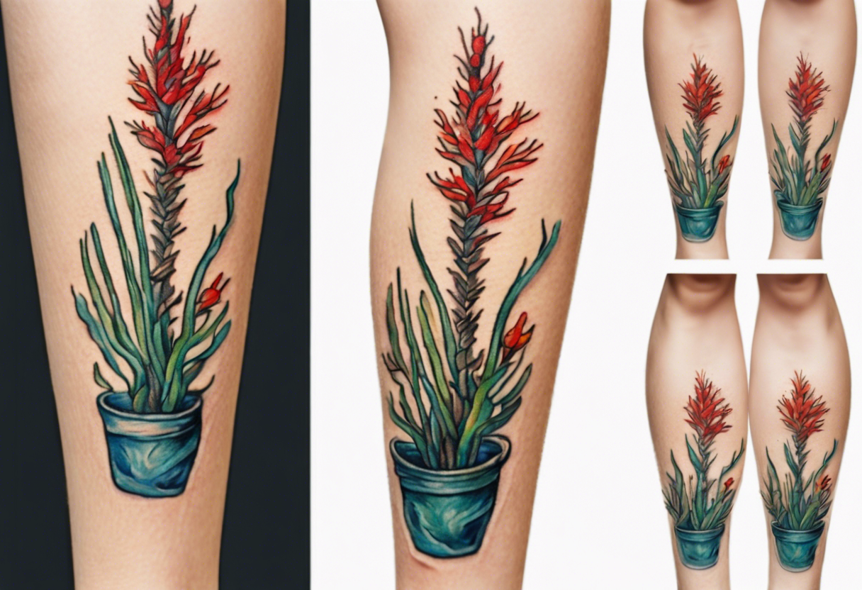 Small tattoo of ocotillo plant on the leg of  a woman, Van Gogh style, vibrant colors, high quality, Van Gogh style, vibrant colors, detailed, professional, atmospheric lighting tattoo idea