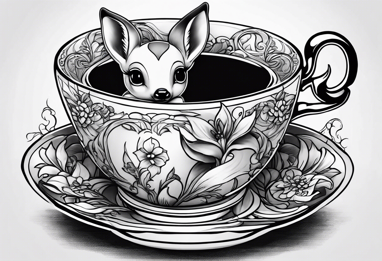 a full fawn inside a teacup tattoo idea