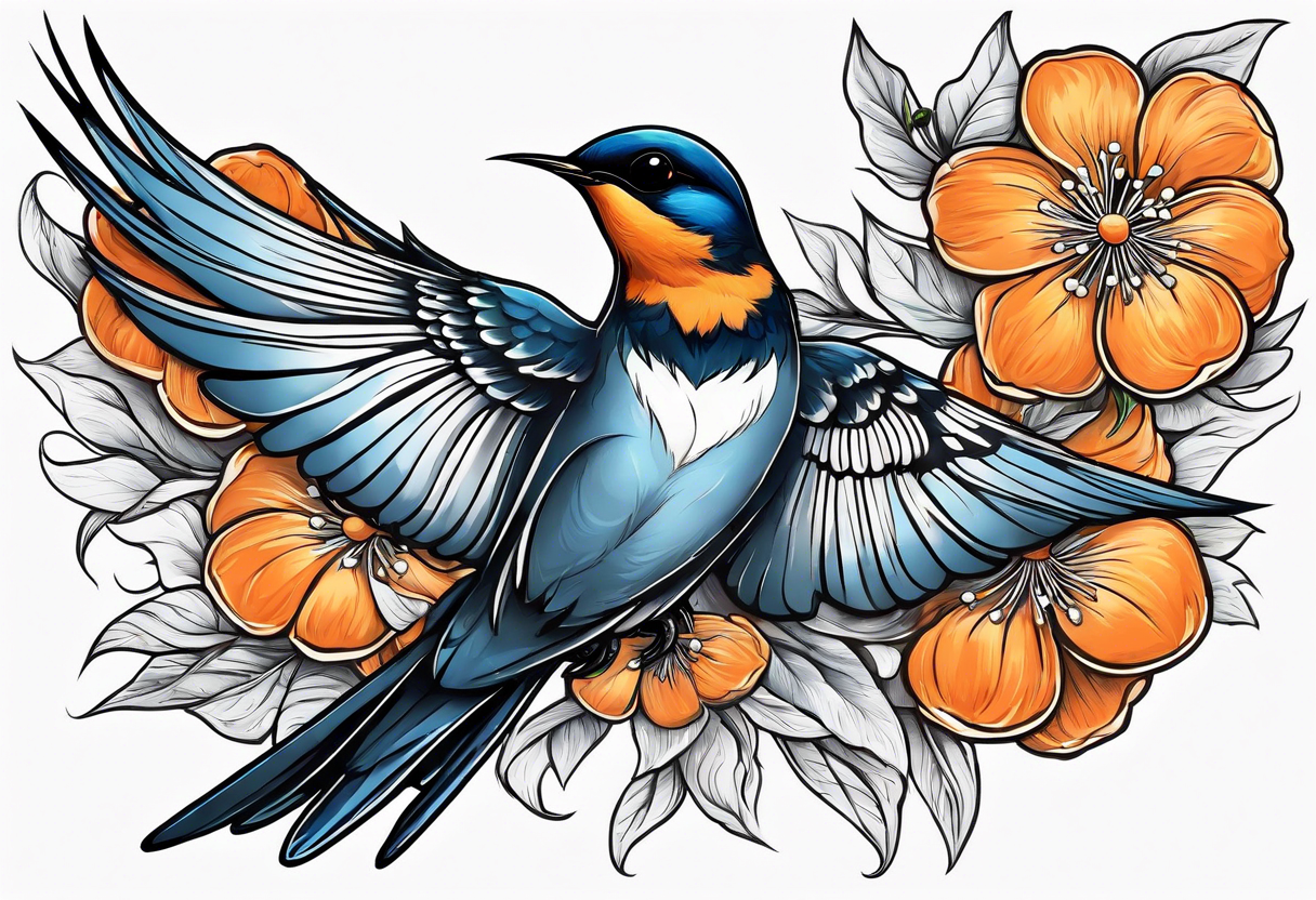 swallow sitting on an orange blossom branch with its wings up tattoo idea