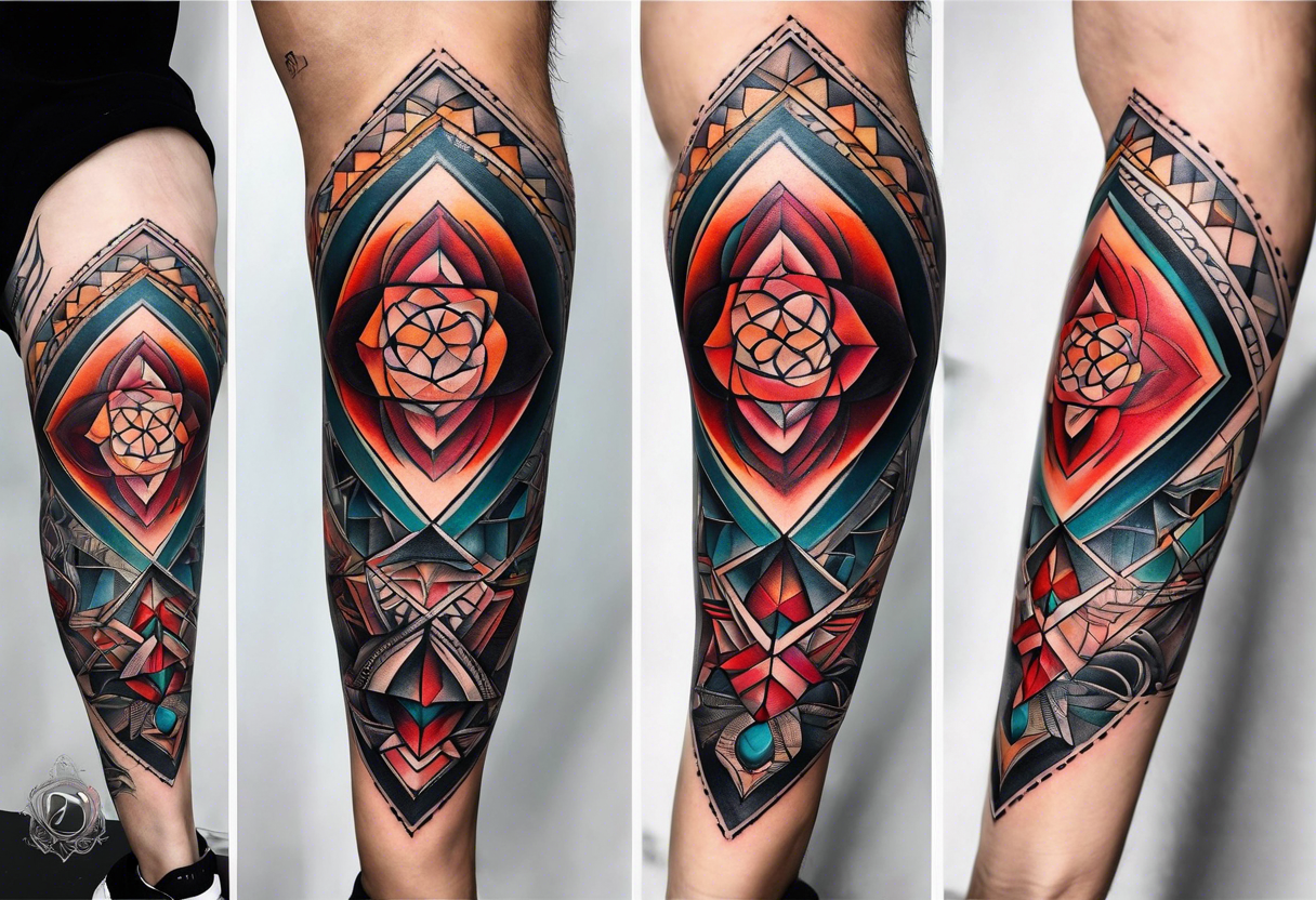 Knee tattoo with tints of red and sacred geometry tattoo idea