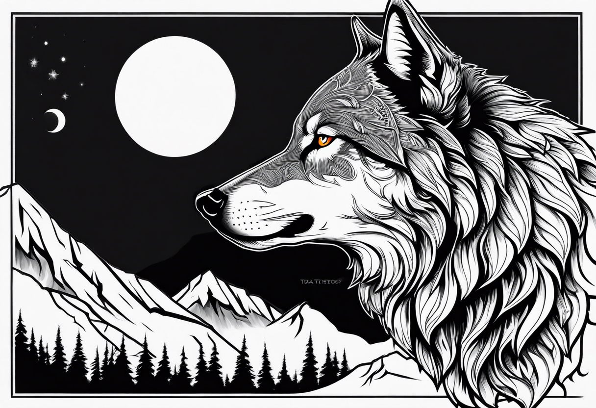 Wolf head in front of snowy mountains howling at a moon tattoo idea