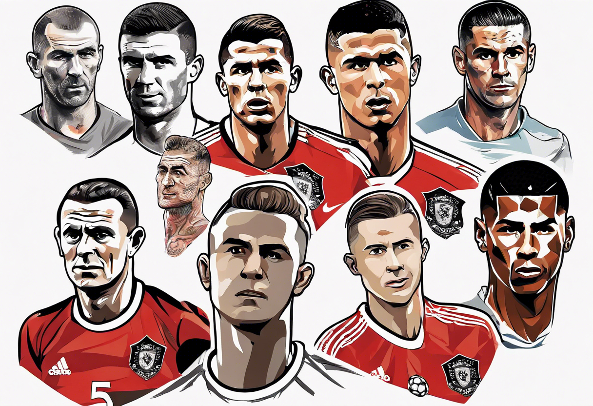 Rooney, Ronaldo, Best, Charlton, Cantona and Rashford at a table tattoo idea