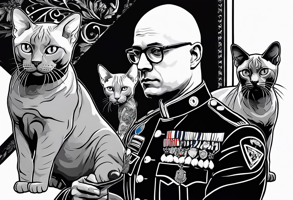 sven is a skinny bald german doctor in soldiers uniform with sphynx cats around him tattoo idea