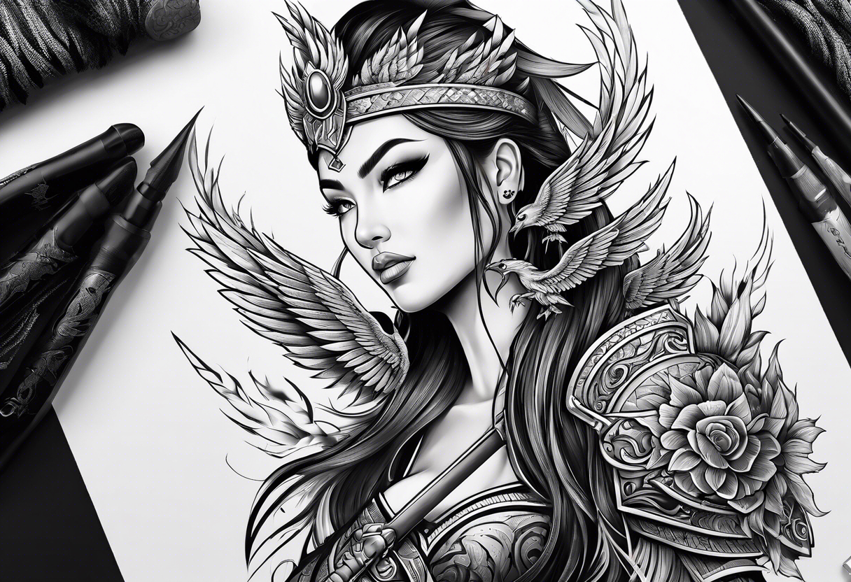 female warrior with phoenix and weapons tattoo idea