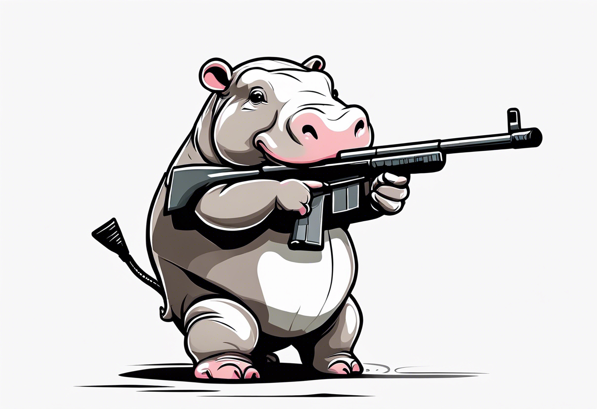 Baby hippo wearing a diaper and holding a sniper rifle tattoo idea