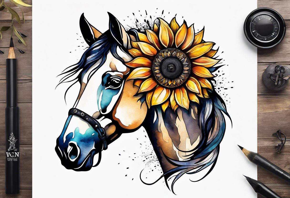 Horse, compass, sunflower tattoo idea