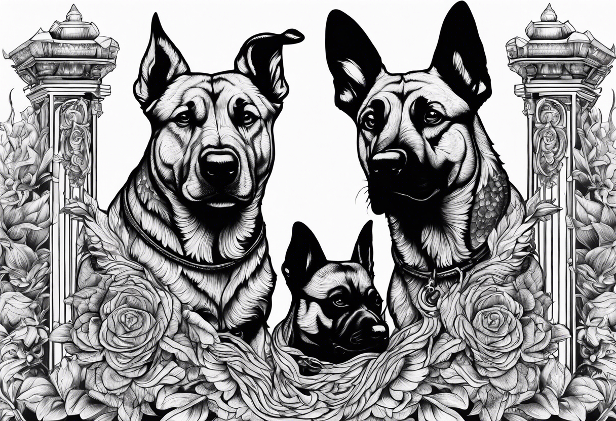 A three headed dog standing in fire with a black gate behind tattoo idea