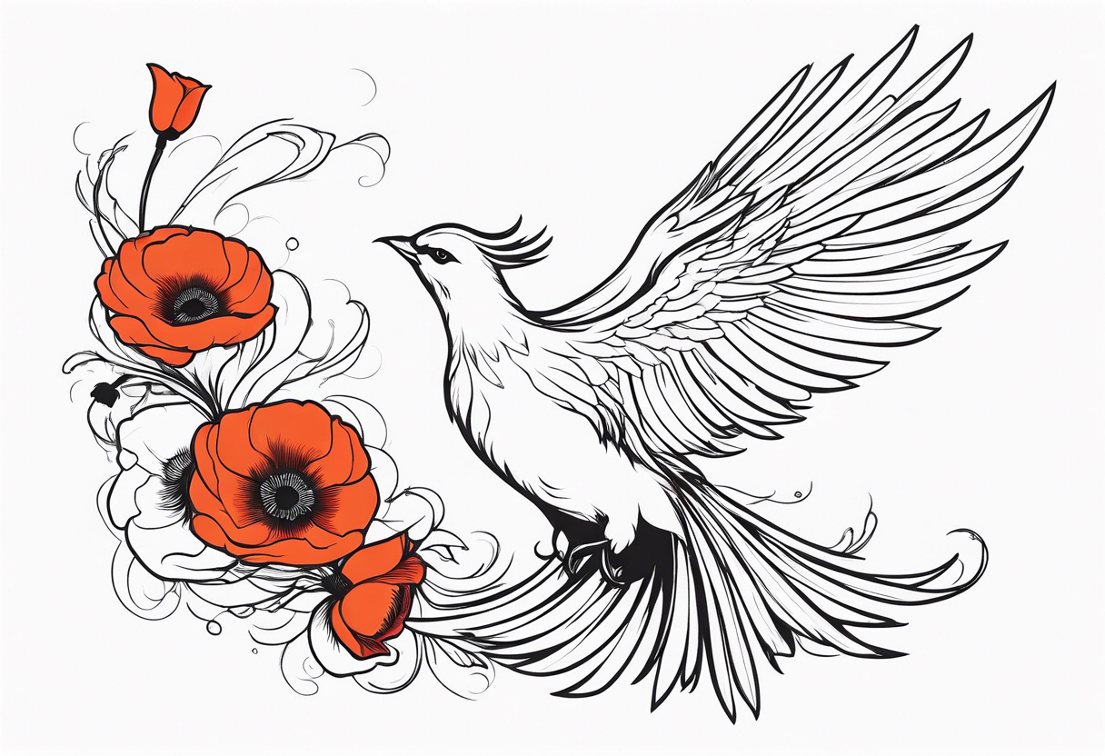 outline of phoenix in flight 
in profile long tail with claws holding poppies falling tattoo idea