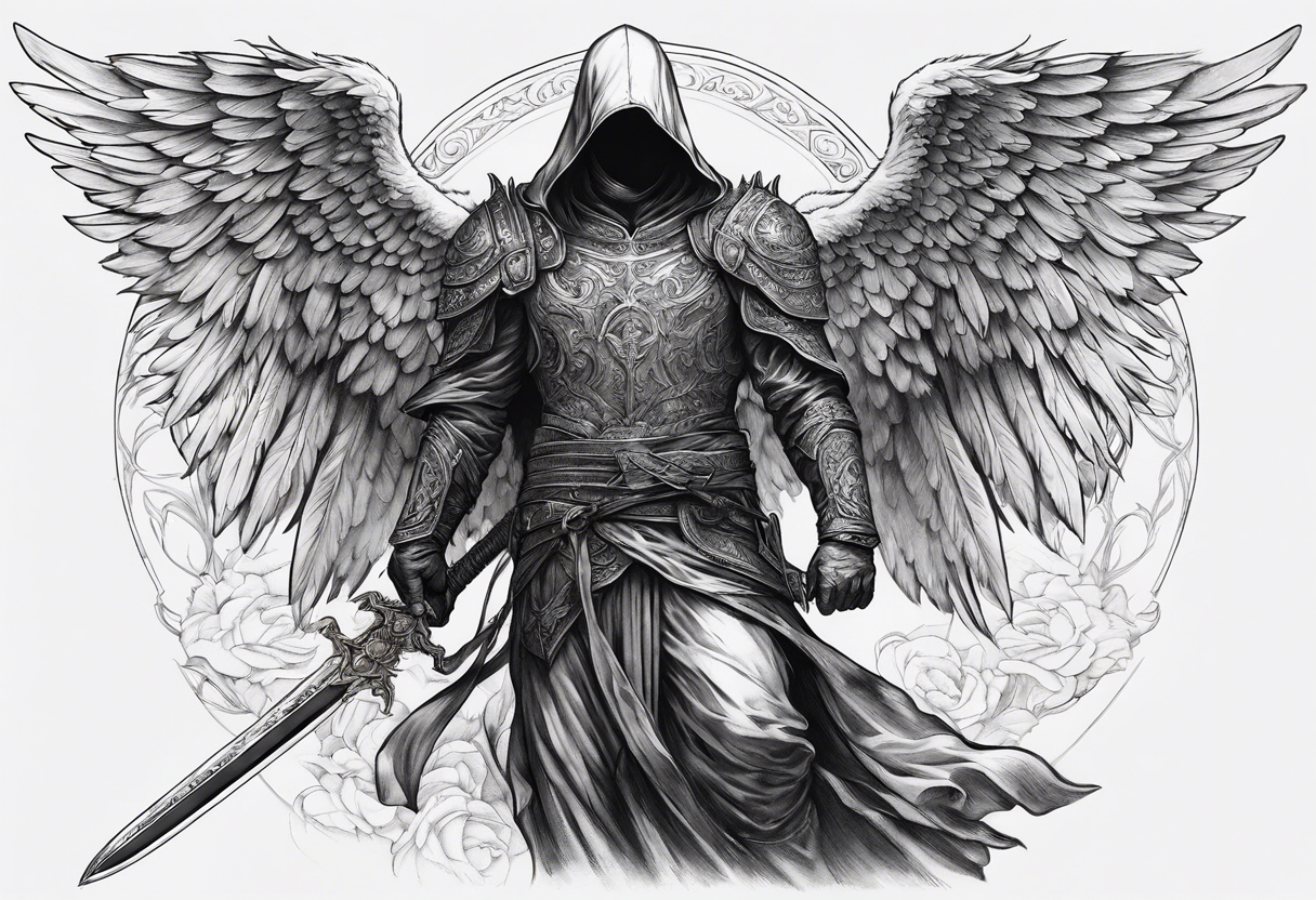 realistic angel of death, man, full body, no face visible, holding one sword, sword pointing downwards, both hands are holding the sword tattoo idea