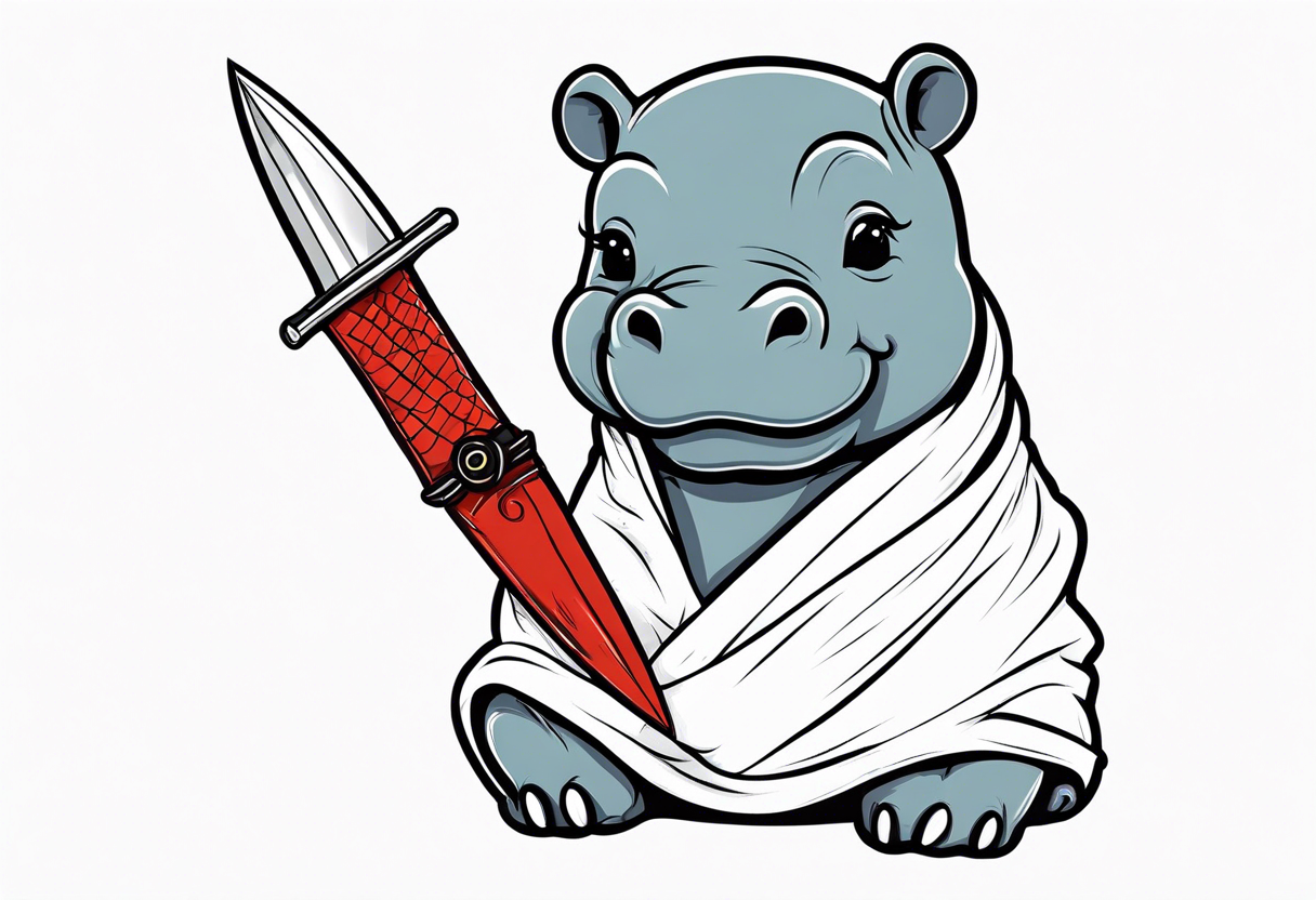 Baby hippopotamus wrapped in a swaddle and holding a knife in its mouth tattoo idea