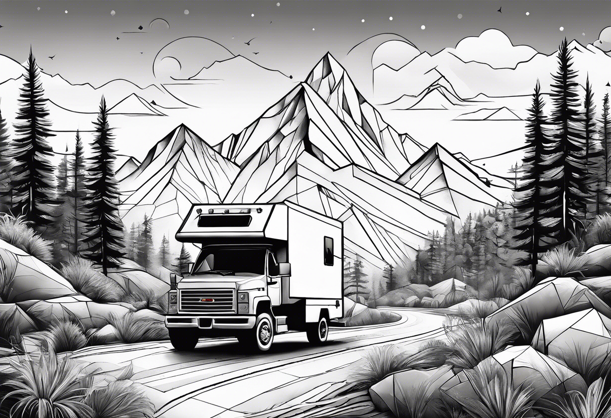 geometric mountains with an rv/truck and trees tattoo idea