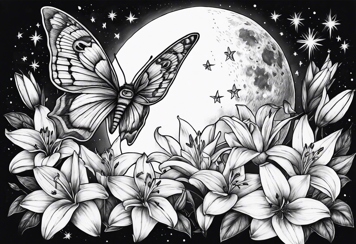 Moon and stars with a moth and Lillies tattoo idea