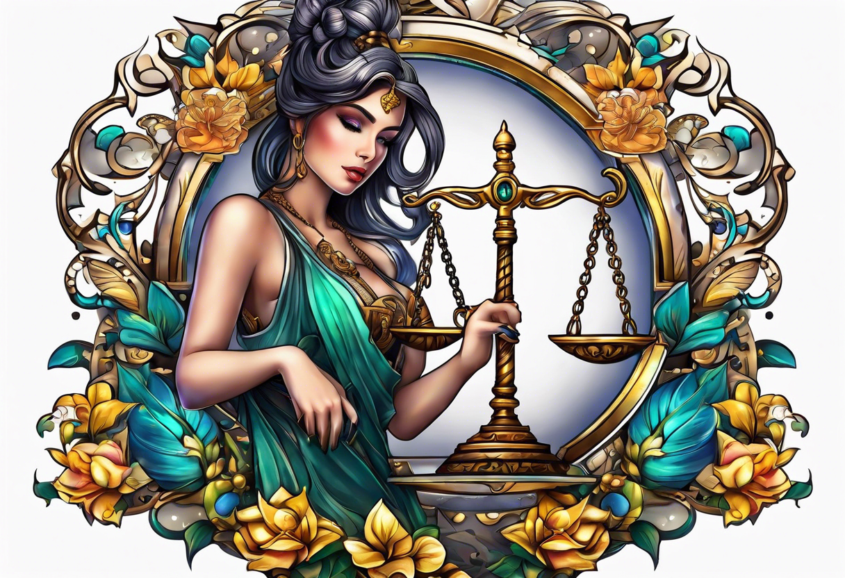 Intricate libra scales held by a beautiful woman tattoo idea