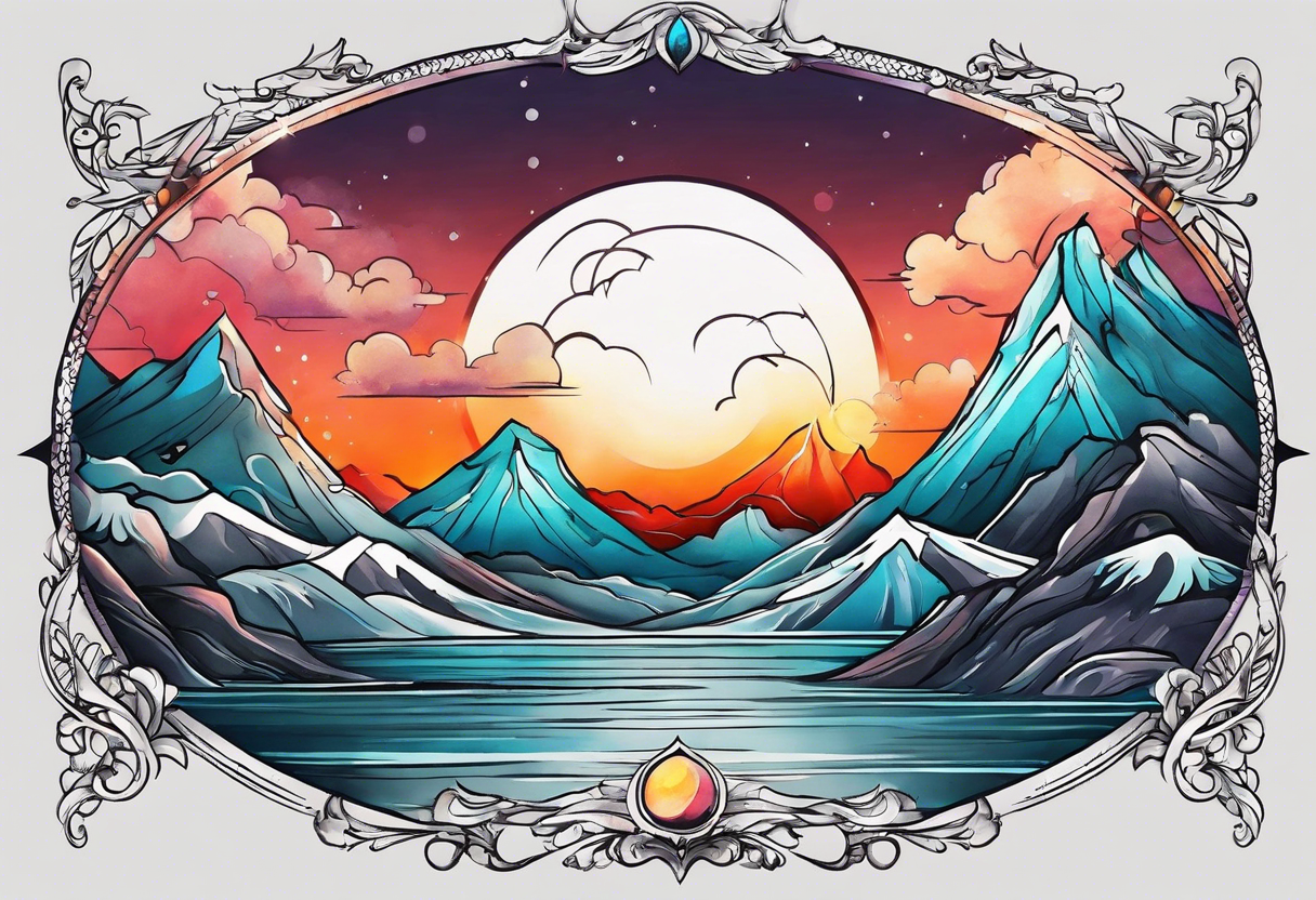 I want to 2 different tattoo design, but they will be in a matching style.
First tattoo will be mountains with a sunrise.
second tattoo will be sea with sunset. tattoo idea