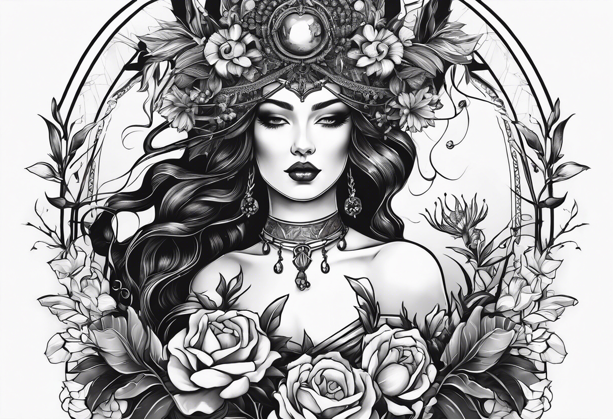 persephone goddess theme tattoo with a dark or gothic perspective. Include pomegranate, flowers and her being the queen of the underwood tattoo idea