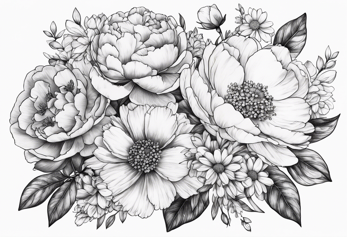 Bouquet, peonies, roses, daisies, forget me nots tattoo idea