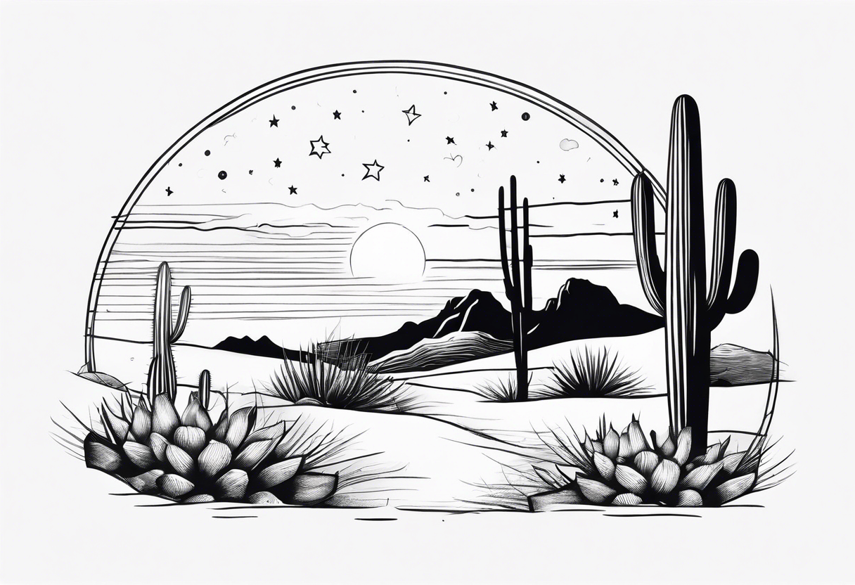 Galaxy sky with Arizona landscape with cactus tattoo idea