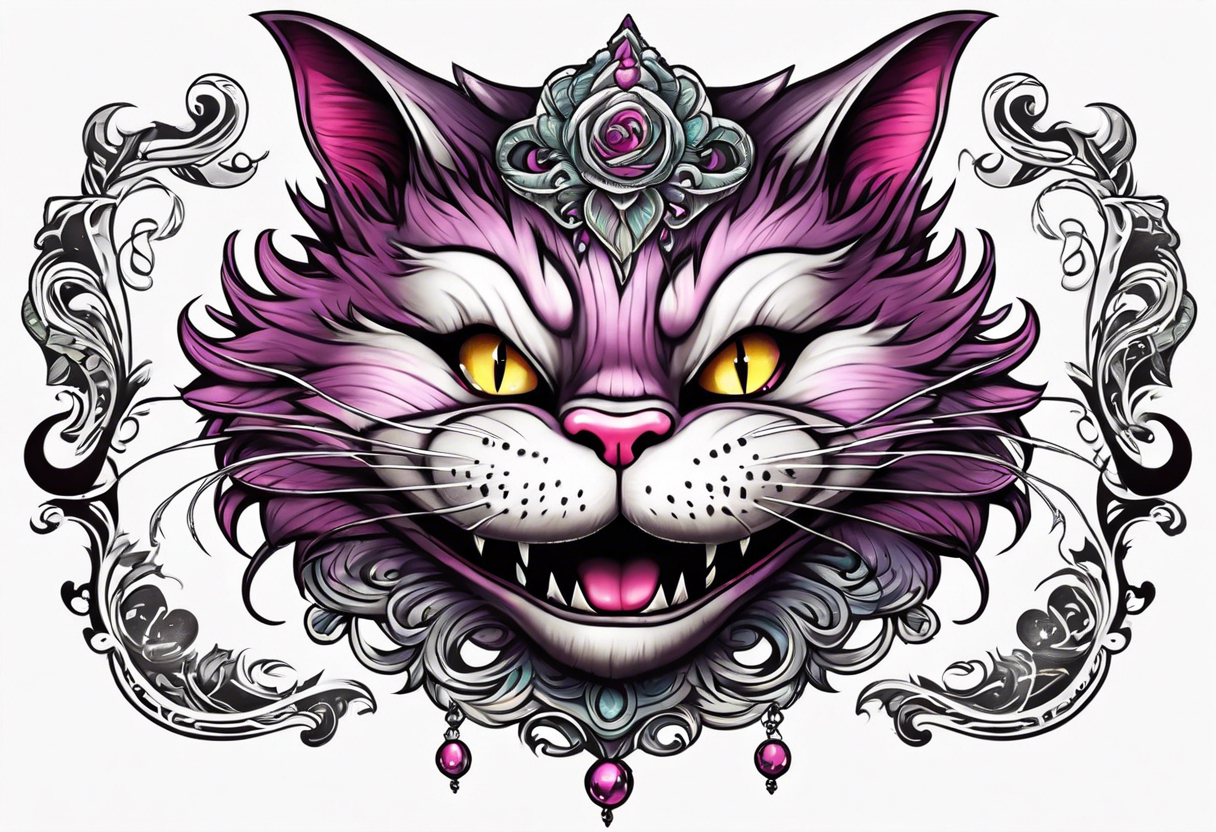 the whole body of the cheshire cat with head turned upside down, show legs and tail tattoo idea