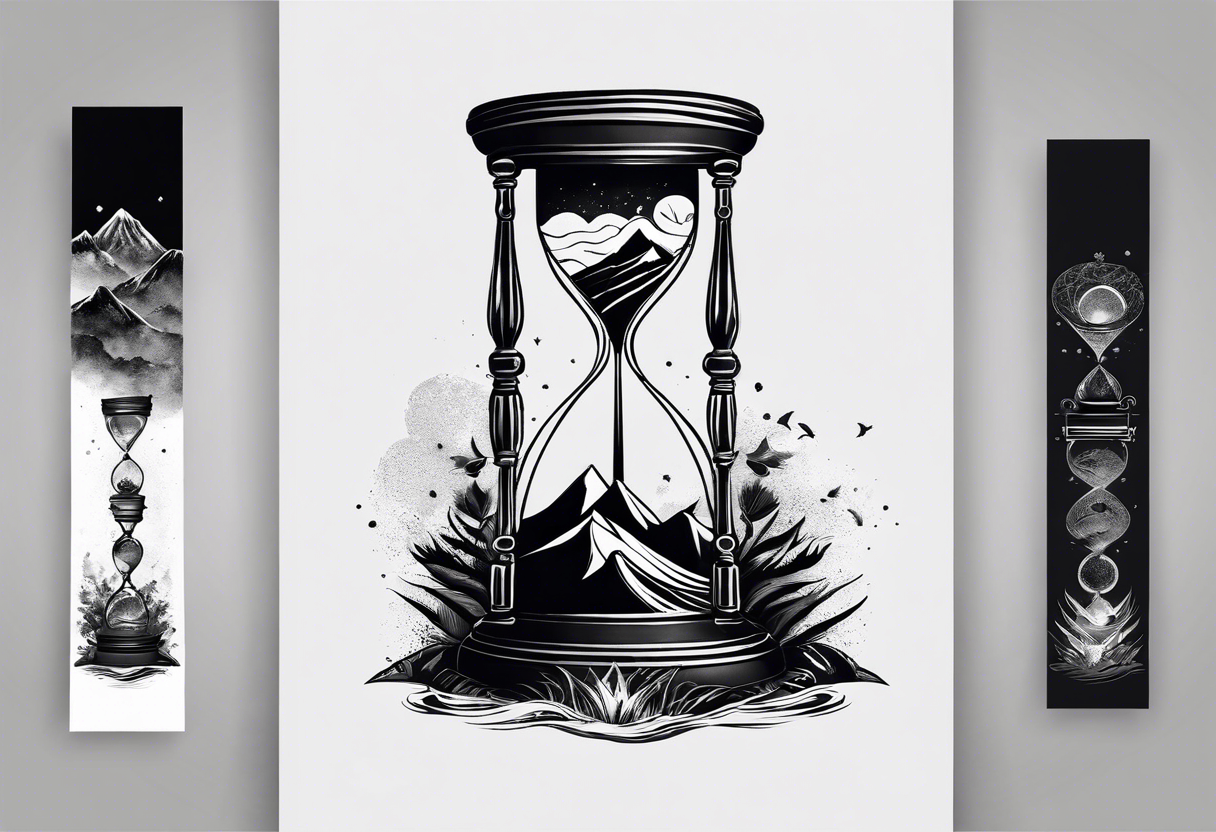 Hourglass tattoo design with 'Tempus Infinitum'. Modern, bold black outline  on Craiyon