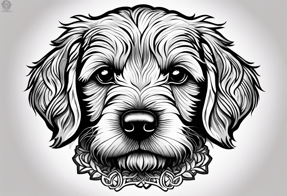 A cockapoo puppy’s head, facing straight and eyes soulful tattoo idea