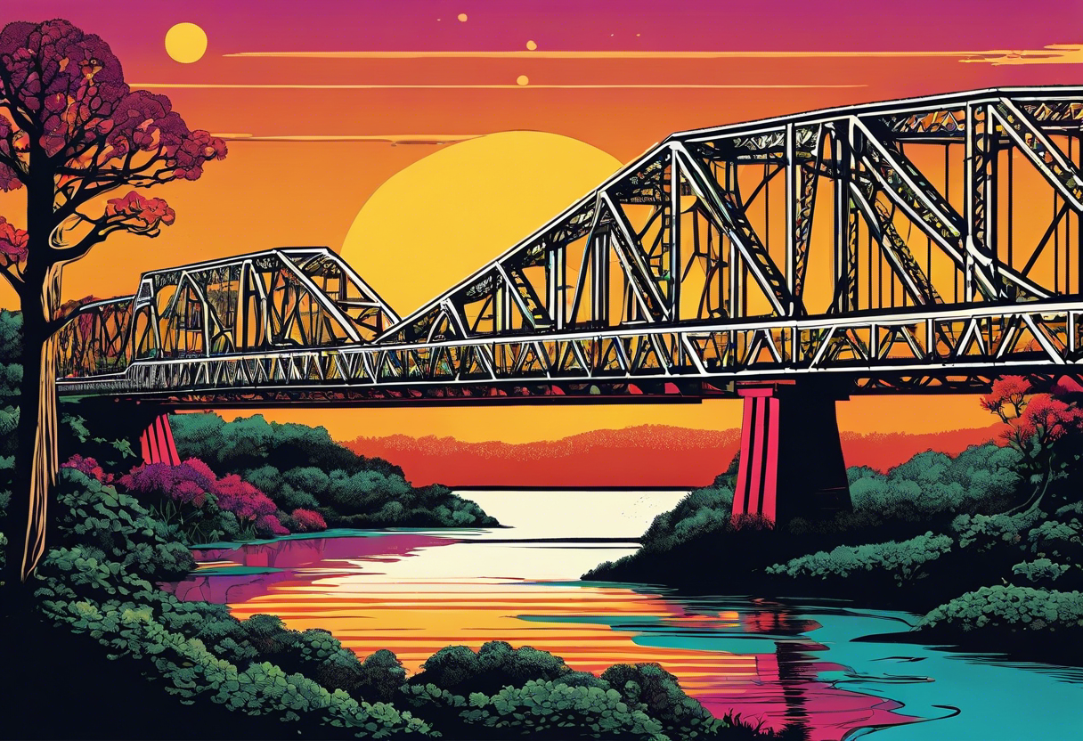 70's poster art, pop art, simple, view from under steel truss cantilever bridge tattoo idea