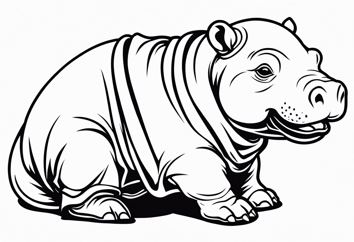 Baby hippopotamus wrapped in a swaddle and holding a knife in its mouth tattoo idea