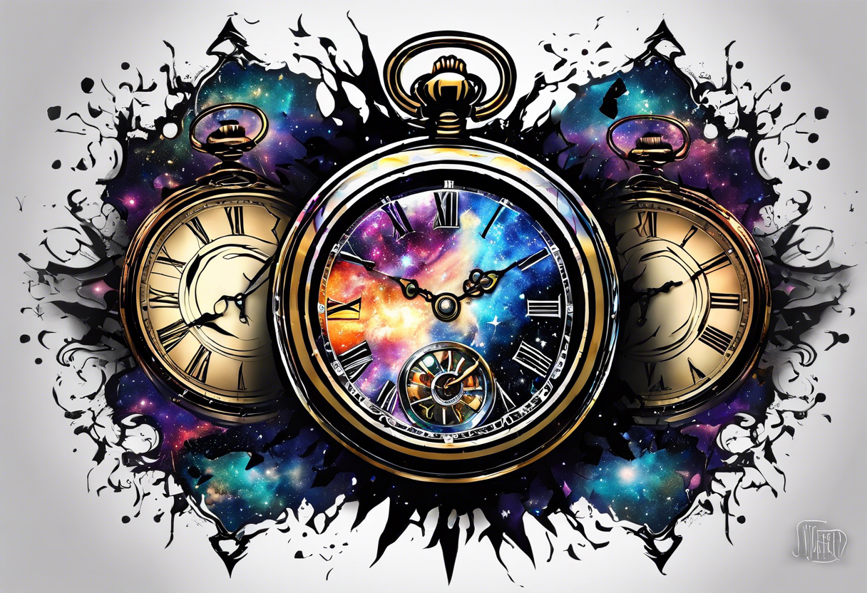 broken pocket watch galaxy shattered 12:00 6/12/2020 "Zee" tattoo idea