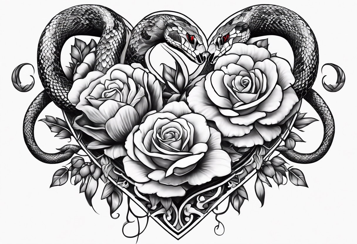 snakes wrapped around a heart with flowers tattoo idea