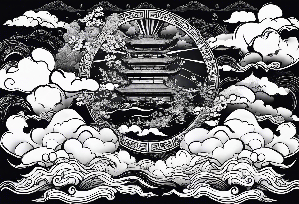 samurai flies among the clouds. beneath it is the ocean and mountains. war and love tattoo idea