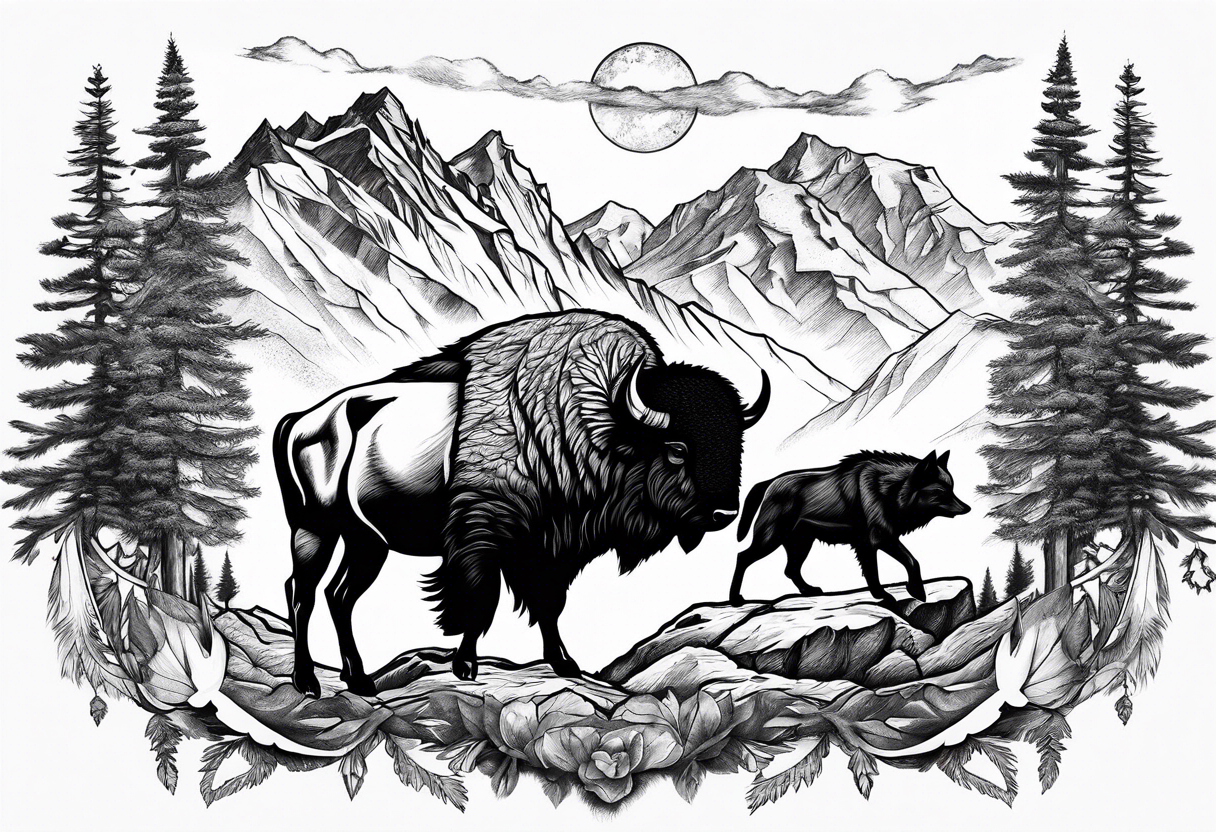 mountains cowboy bison wolf tattoo idea