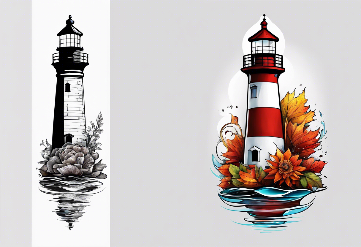 Arm sleeve with fall colors, various flowers, water flow shapes, water splash, light house tattoo idea