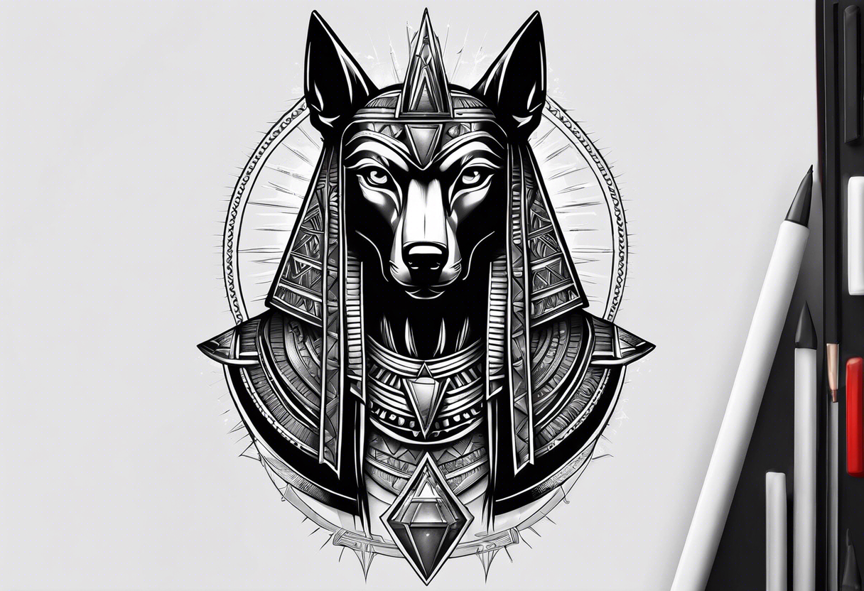 Strict Anubis portrait with pyramids on the background tattoo idea