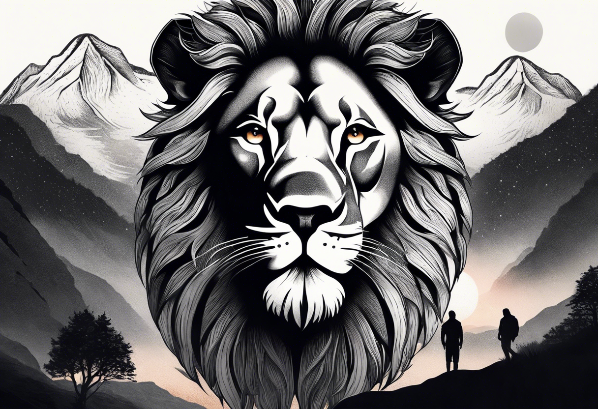 Tattoo in the shape of a lion head with a father and son in the mountains with  a waterfall and cross in the background and a sunset inside of it tattoo idea